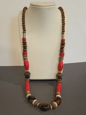 Chico's Boho Red and Brown Wood And Lucite Beaded Statement Necklace